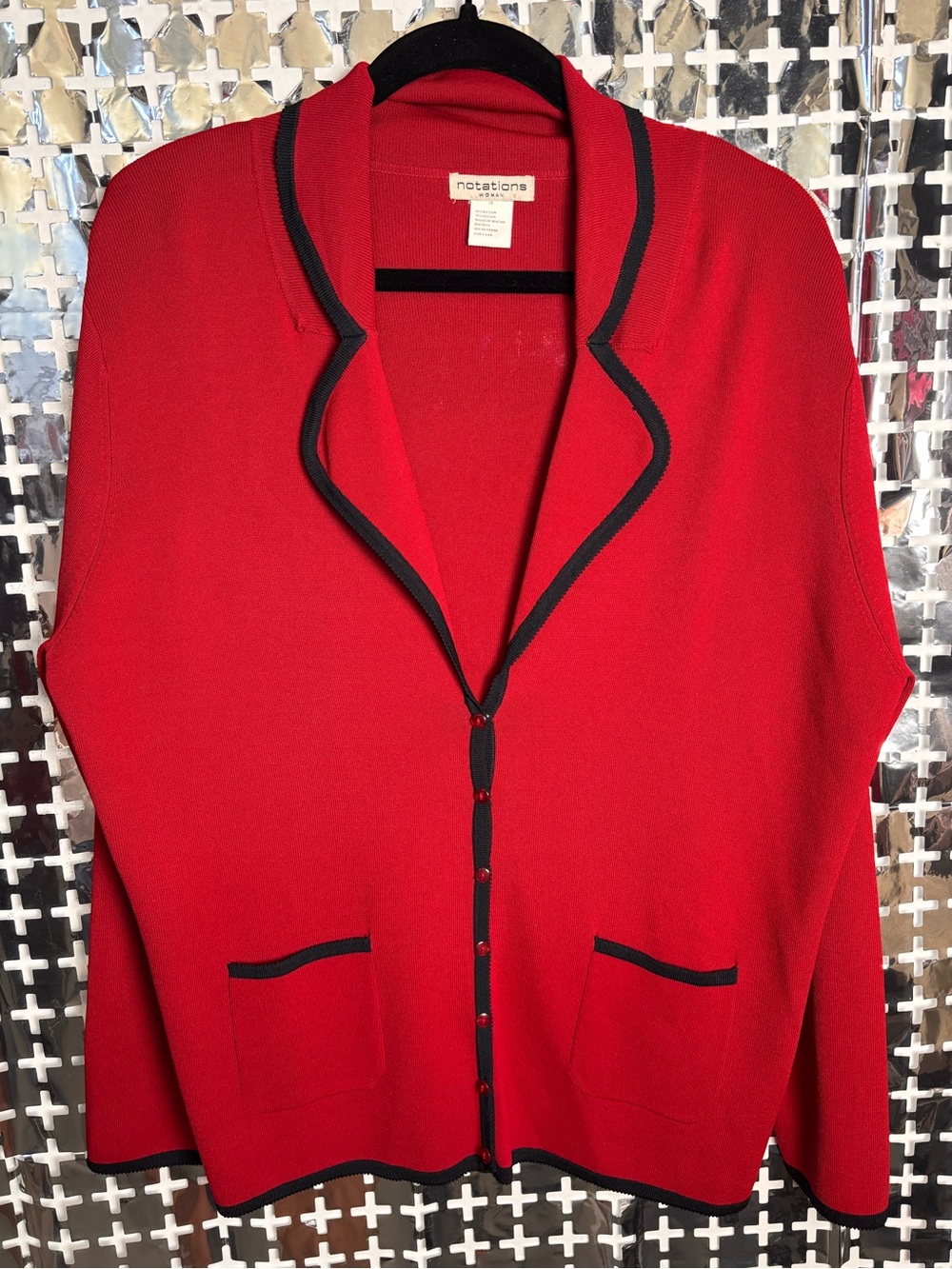 Notations Red Cardigan with Black Trim Detailing